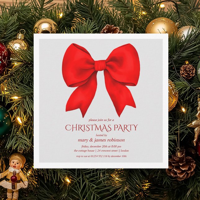 Elegant Red Bow Christmas Holiday Party  Invitation (Elegant Red Bow Christmas Holiday Party Invitation)