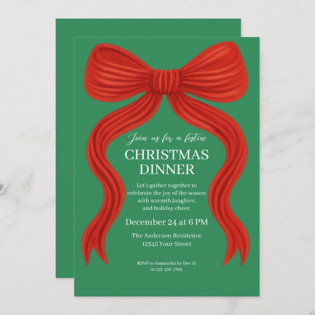 Elegant Red Bow Christmas Party -  Invitation (Front/Back)