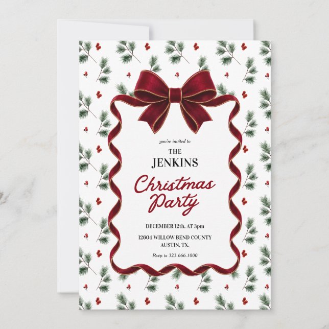Elegant Red Bow Christmas Party Invitation (Front)