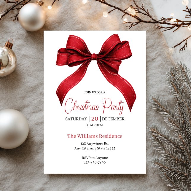 Elegant Red Bow Christmas Party Invitation (Creator Uploaded)