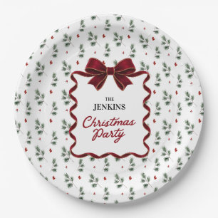 Elegant Red Bow Christmas Party Paper Plate