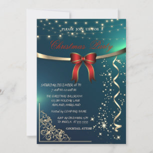 Elegant Red Bow,Confetti Green Company Christmas Invitation