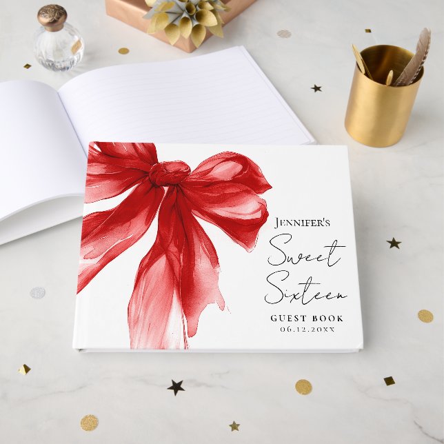Elegant Red Bow Coquette Script Sweet 16  Guest Book (Front Open)