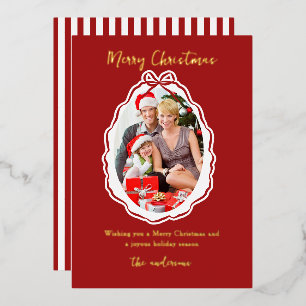 Elegant Red Bow Frame Photo Merry Christmas Foil Holiday Card