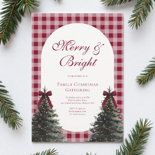 Elegant Red Bow Gingham Family Christmas Party Invitation