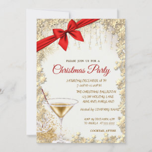 Elegant Red Bow,Gold Glass,Stars Company Christmas Invitation