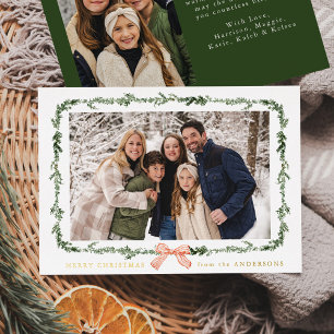 Elegant Red Bow Greenery Garland 2 Photo Foil Holiday Card