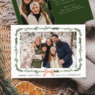 Elegant Red Bow Greenery Garland 2 Photo Holiday Card