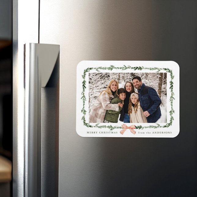 Elegant Red Bow Greenery Garland Holiday Photo Magnet (Creator Uploaded)