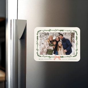 Elegant Red Bow Greenery Garland Holiday Photo Magnet