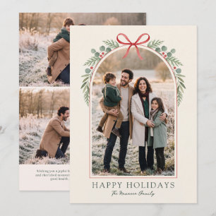 Elegant Red Bow Happy Holidays Family Photo Holiday Card