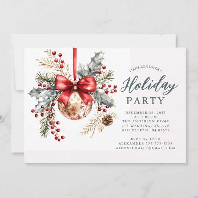 Elegant Red Bow Holiday Party Invite (Front)