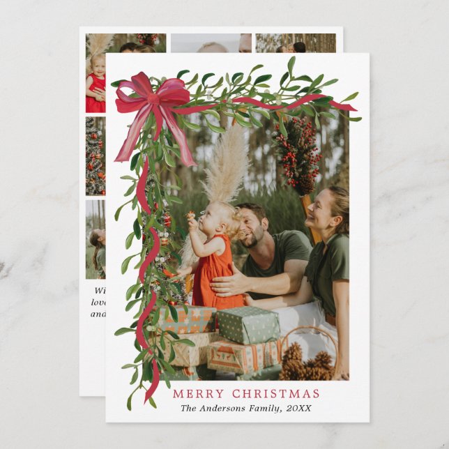 Elegant Red Bow Mistletoe Christmas Multi Photo Holiday Card (Front/Back)