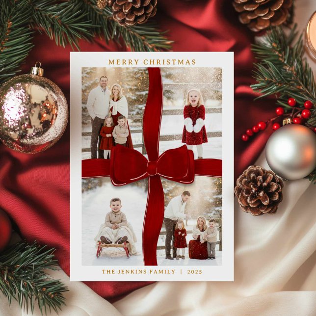 Elegant Red Bow Photo Christmas Card (Red Bow Christmas Photo Collage Card)