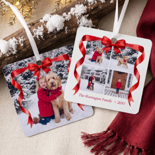 Elegant Red Bow Photo Collage Family Christmas Metal Tree Decoration