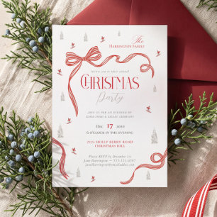 Elegant Red Bow Ribbon Nordic Christmas Party Invitation