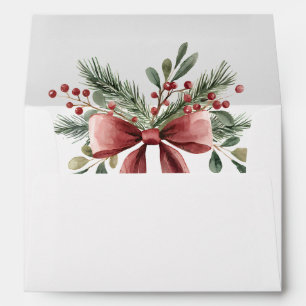 Elegant Red Bow Watercolor Green Modern Christmas Envelope
