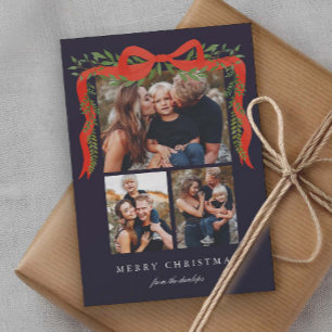 Elegant Red Bow with Greenery 3 Photo Christmas Holiday Card