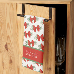 Elegant Red Bow with greenery Monogram Name Tea Towel