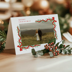 Elegant Red Bow with Greenery Photo Christmas Holiday Card