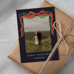 Elegant Red Bow with Greenery Photo Christmas Holiday Card