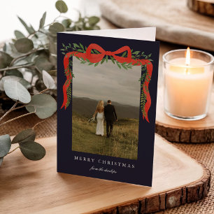Elegant Red Bow with Greenery Photo Christmas Holiday Card