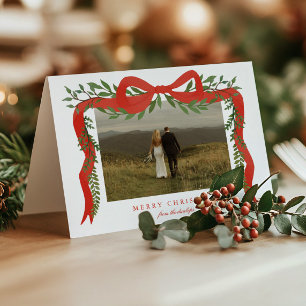 Elegant Red Bow with Greenery Photo Christmas Holiday Card