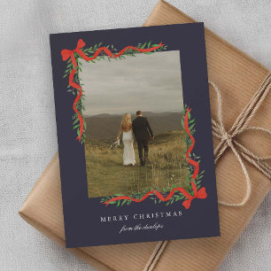 Elegant Red Bow with Greenery Photo Christmas Holiday Card