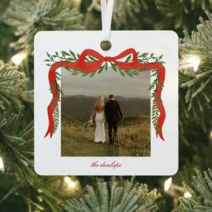 Elegant Red Bow with Greenery Photo Christmas Metal Tree Decoration