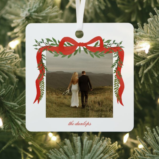 Elegant Red Bow with Greenery Photo Christmas Metal Tree Decoration (Insitu)