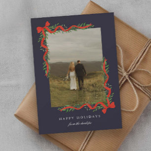 Elegant Red Bow with Greenery Photo Holiday Card