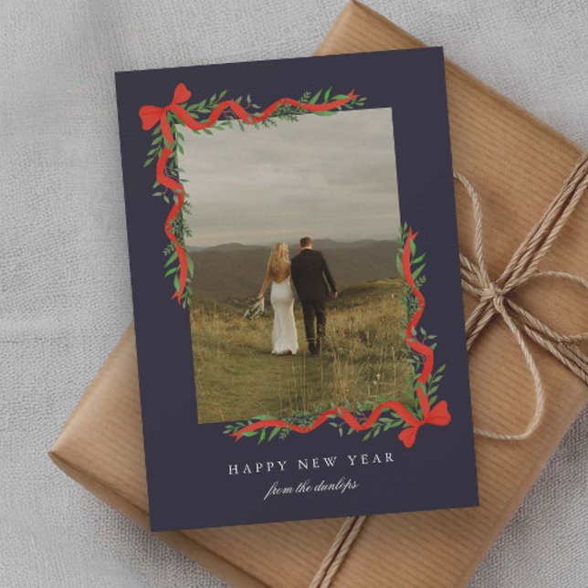 Elegant Red Bow with Greenery Photo New Year Holiday Card (Elegant red ribbon bows with greenery photo New Years cards.)