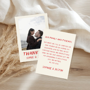 Elegant Red Brush Script Wedding Photo Thank You Card