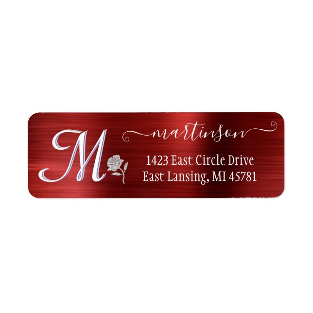 Elegant Red Brushed Metal Custom Monogram Return   Address Label (Front)