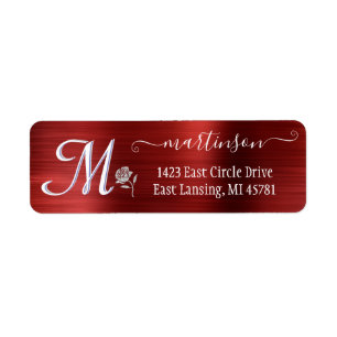 Elegant Red Brushed Metal Custom Monogram Return   Return Address Label