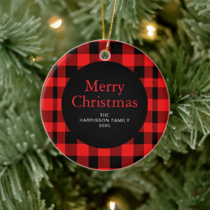 Elegant Red Buffalo Plaid Christmas Family 1 Photo Ceramic Ornament