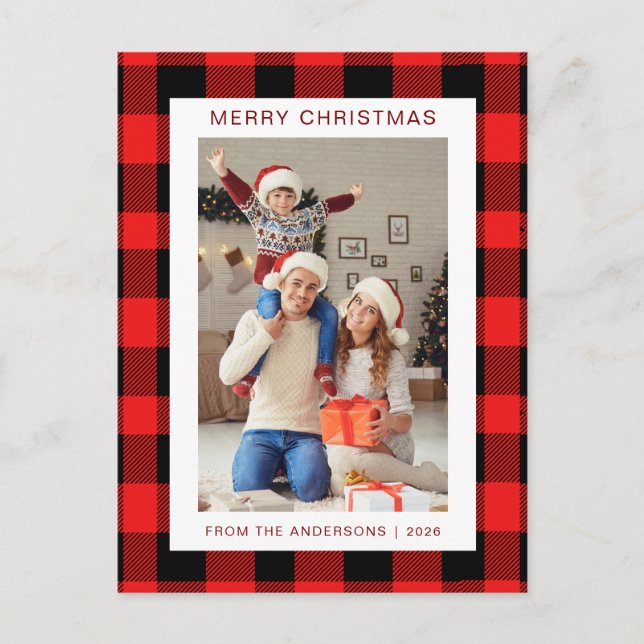 Elegant Red Buffalo Plaid Christmas Family 1 Photo Holiday Postcard (Front)