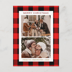 Elegant Red Buffalo Plaid Christmas Family 2 Photo Holiday Postcard