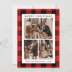 Elegant Red Buffalo Plaid Christmas Family 3 Photo Holiday Card