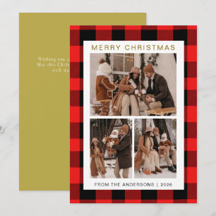 Elegant Red Buffalo Plaid Christmas Family 3 Photo Holiday Card