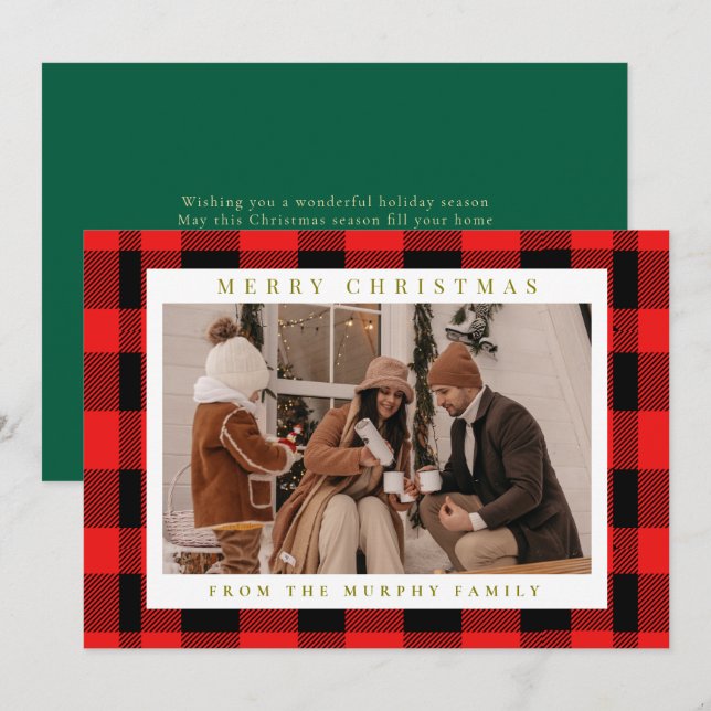 Elegant Red Buffalo Plaid Christmas Family Photo  Holiday Card (Front/Back)