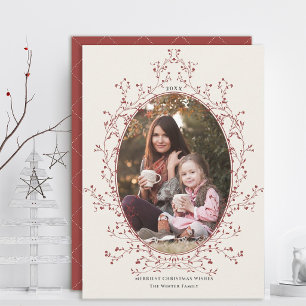 Elegant Red Burgundy Berry Frame Christmas Photo Holiday Card