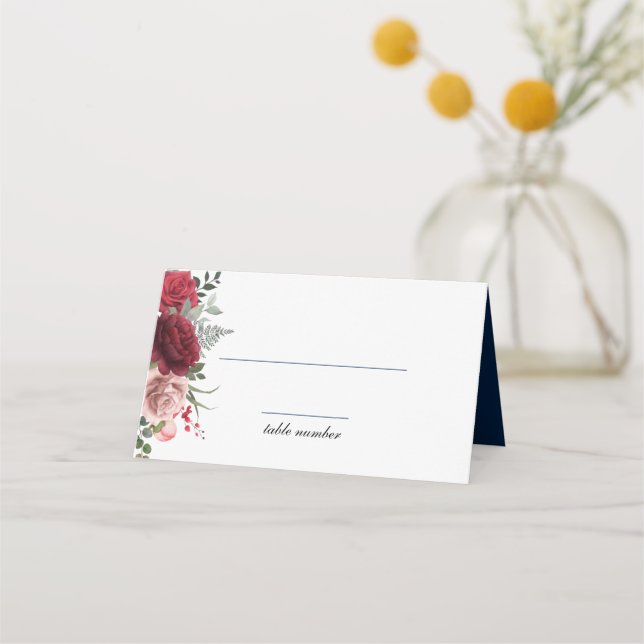 Elegant Red Burgundy Blush Roses Wedding  Place Card (Front)