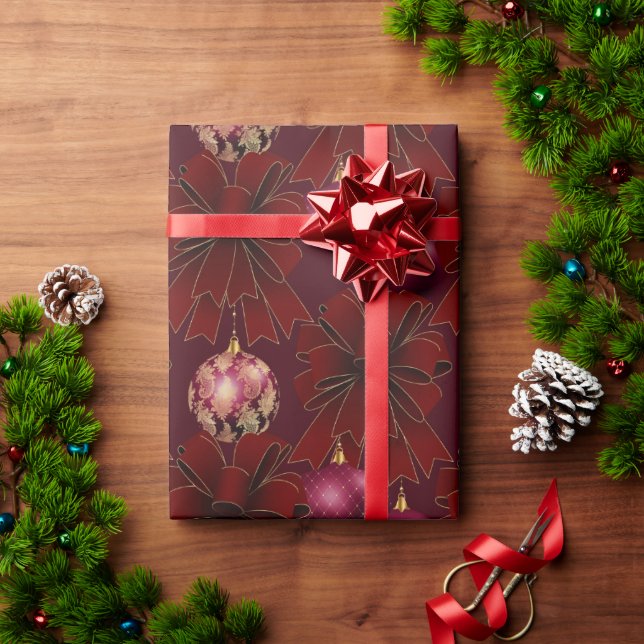 Elegant Red Burgundy Bows Ornaments Holiday Wrapping Paper (Holiday Gift)
