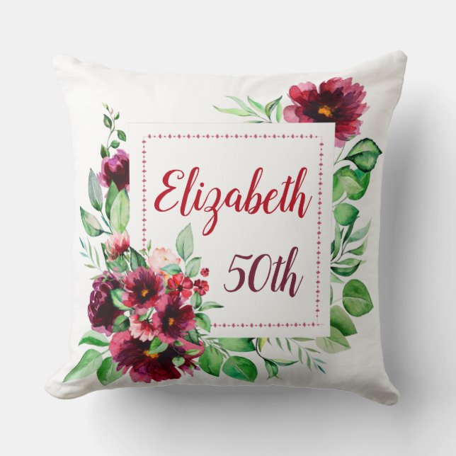 Elegant Red Burgundy Floral 50th Birthday Cushion (Front)