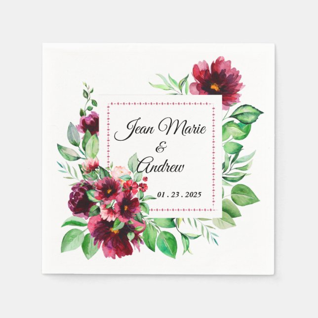 Elegant Red Burgundy Floral Wedding Napkin (Front)