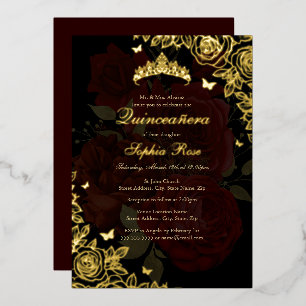 Elegant Red Burgundy Gold Rose Quinceanera