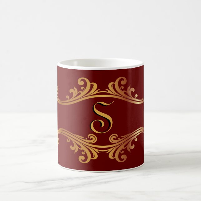 Elegant Red Burgundy Maroon Gold Monogram Initial Coffee Mug (Center)