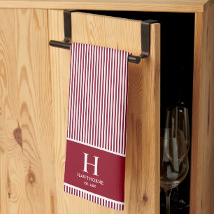 Elegant Red Burgundy Stripe Monogram Name Tea Towel