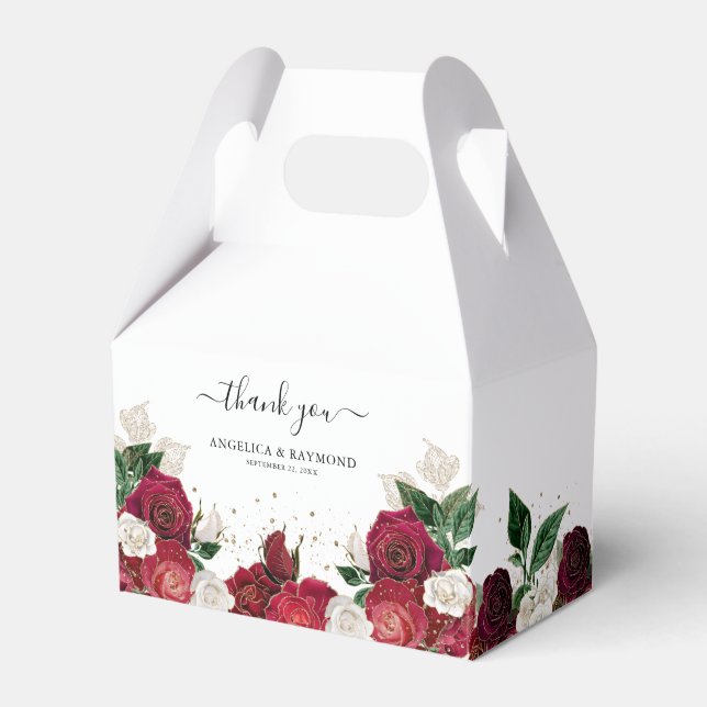 Elegant Red Burgundy & White Rose Florals Wedding Favour Box (Front Side)